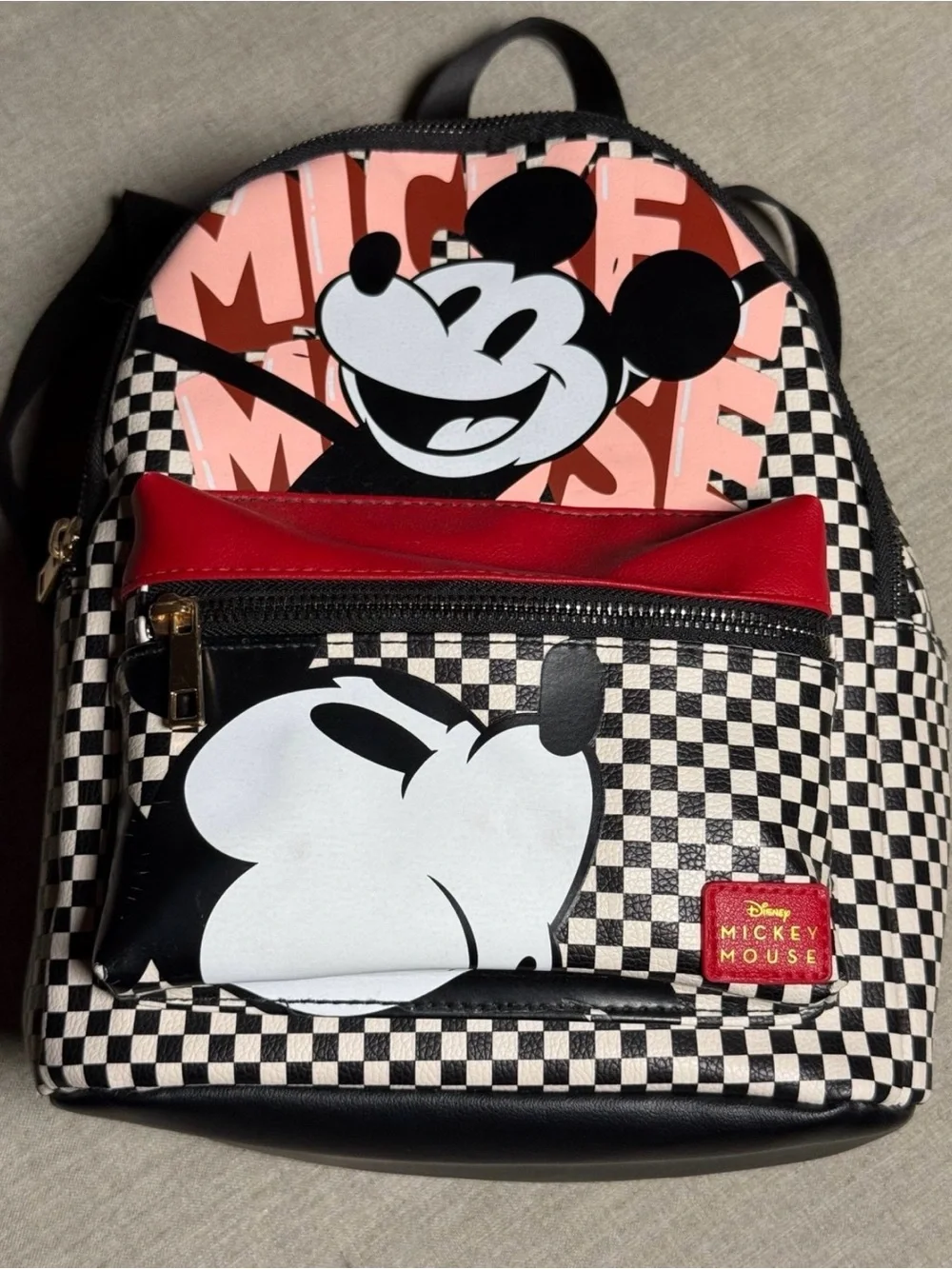 Checkered Mickey Mouse Mini Backpack - Black/White with Red Pocket
